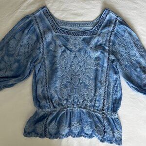 Democracy Women Embroidered Peplum Top with Crochet Trim Blue Size S